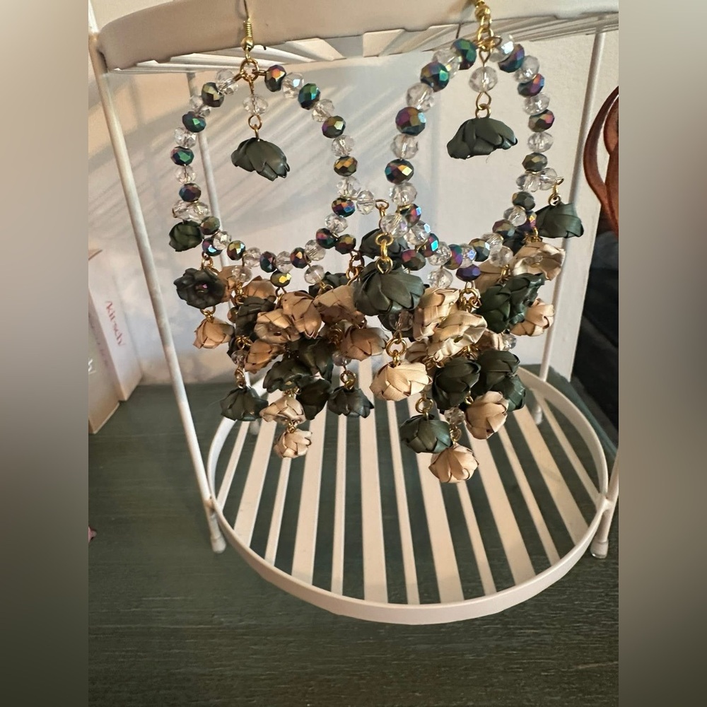 Chic Floral Hoop Earrings with Green and Cream Accents